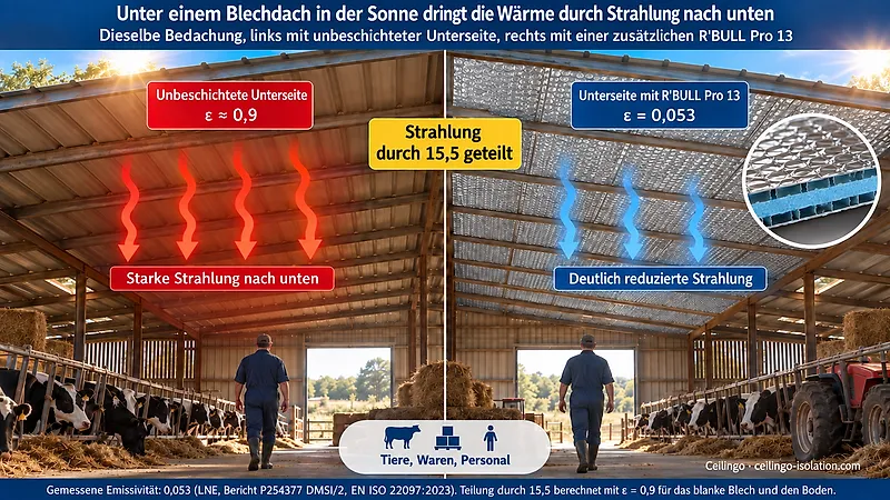 Stallgebäude unter besonntem Blechdach: links blanke Unterseite mit starker Strahlung, rechts mit R'BULL Pro 13 belegte Unterseite, Strahlung durch 15,5 geteilt