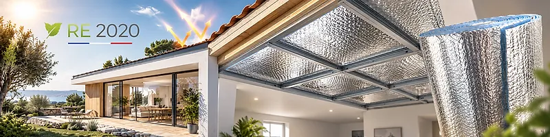 Maison neuve conforme à la RE 2020, isolant mince réfléchissant posé en sous-toiture et rouleau déroulé